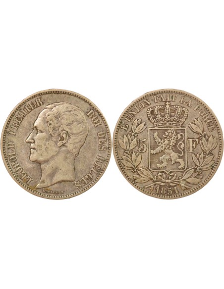 Belgique Léopold Ier Tête nue 5 francs Argent 1851 B. Bruxelles
