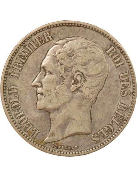 Belgique Léopold Ier Tête nue 5 francs Argent 1851 B. Bruxelles