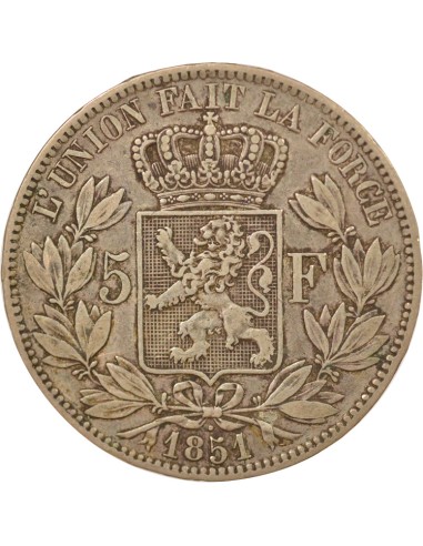 Belgique Léopold Ier Tête nue 5 francs Argent 1851 B. Bruxelles