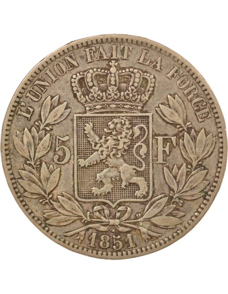 Belgique Léopold Ier Tête nue 5 francs Argent 1851 B. Bruxelles