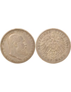 Etats Allemands (Wurtemberg) Guillaume II de Wurtemberg 5 mark Argent 1903 F Stuttgart