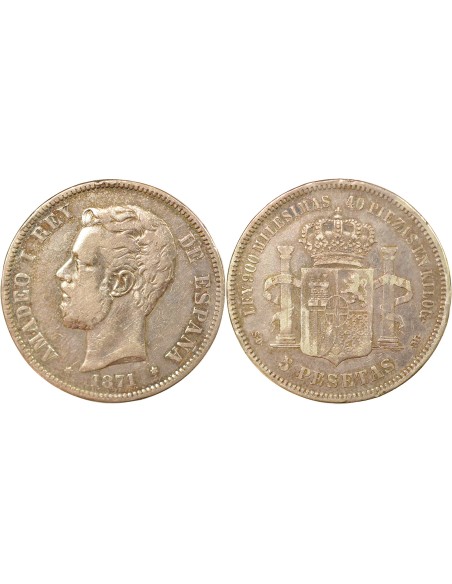 Espagne Amédée Ier 5 pesetas Argent 1871 AI Madrid