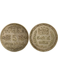 Tunisie Ahmed II Bey Protectorat 5 francs Argent 1355 AH (1936) A Paris