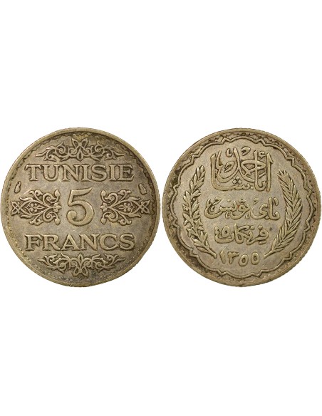 Tunisie Ahmed II Bey Protectorat 5 francs Argent 1355 AH (1936) A Paris