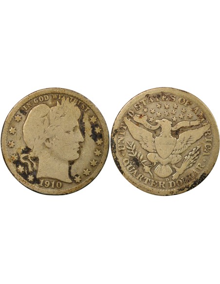 USA Barber 1/4 Dollar Argent 1910 D Denver