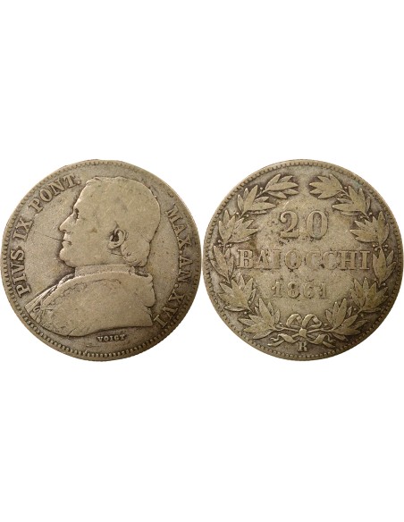 Etat Pontifical Pie IX 20 baiocchi Argent 1861 R Rome