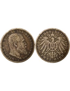 Etats Allemands (Wurtemberg) Guillaume II de Wurtemberg 2 mark Argent 1905 F Stuttgart