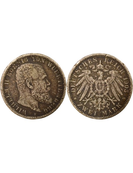 Etats Allemands (Wurtemberg) Guillaume II de Wurtemberg 2 mark Argent 1905 F Stuttgart