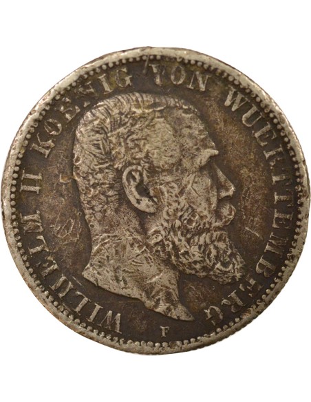 Etats Allemands (Wurtemberg) Guillaume II de Wurtemberg 2 mark Argent 1905 F Stuttgart