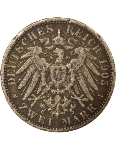 Etats Allemands (Wurtemberg) Guillaume II de Wurtemberg 2 mark Argent 1905 F Stuttgart