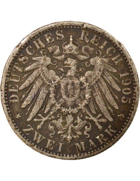 Etats Allemands (Wurtemberg) Guillaume II de Wurtemberg 2 mark Argent 1905 F Stuttgart