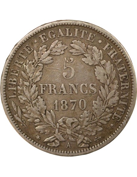 IIIe République 5 francs Argent 1870 A - Paris