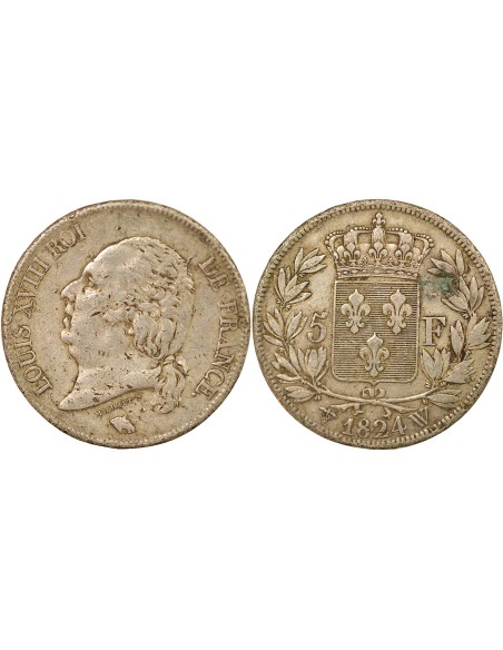 Louis XVIII Tête nue 5 francs Argent 1824 W Lille