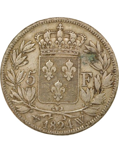 Louis XVIII Tête nue 5 francs Argent 1824 W Lille