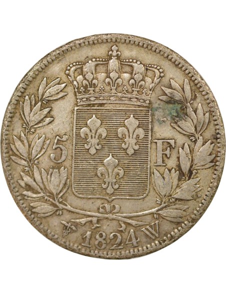 Louis XVIII Tête nue 5 francs Argent 1824 W Lille
