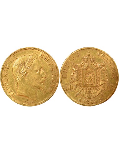 Napoléon III Tête Laurée 50 francs Or 1864 A - Paris