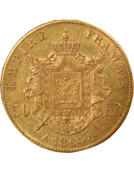 Napoléon III Tête Laurée 50 francs Or 1864 A - Paris