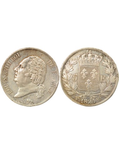 Louis XVIII Tête nue 5 francs Argent 1824 W Lille