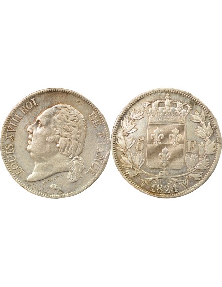 Louis XVIII Tête nue 5 francs Argent 1824 W Lille