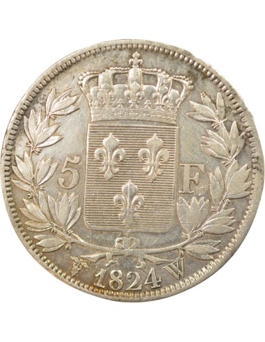 Louis XVIII Tête nue 5 francs Argent 1824 W Lille