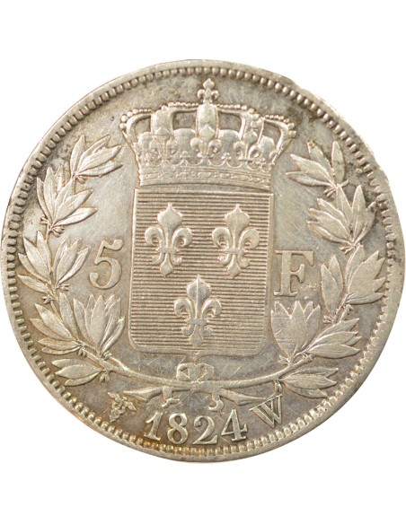 Louis XVIII Tête nue 5 francs Argent 1824 W Lille