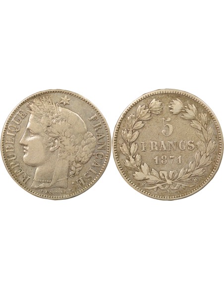 avec Légende 5 francs Argent 1871 K Bordeaux