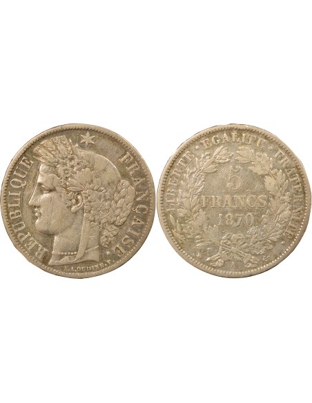 avec Légende 5 francs Argent 1870 A - Paris