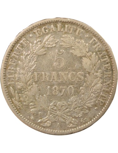 avec Légende 5 francs Argent 1870 A - Paris