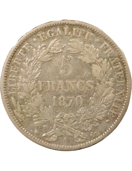 avec Légende 5 francs Argent 1870 A - Paris