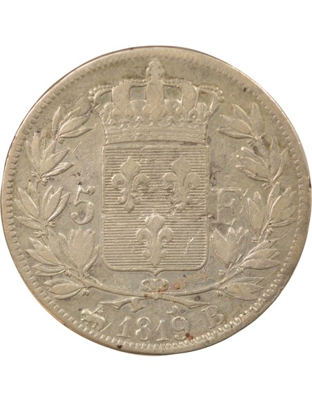 Louis XVIII Tête nue 5 francs Argent 1819 B Rouen