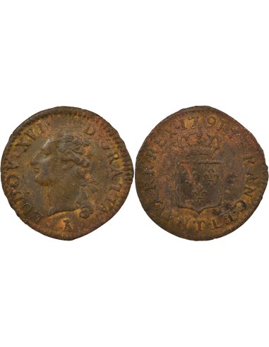 Louis XVI A l'Ecu 1 liard Cuivre 1791 T Nantes