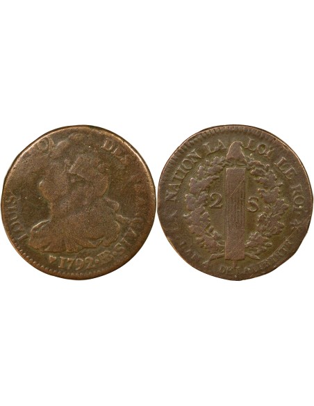 Louis XVI Au Faisceau 2 sols Cuivre 1792 BB Strasbourg