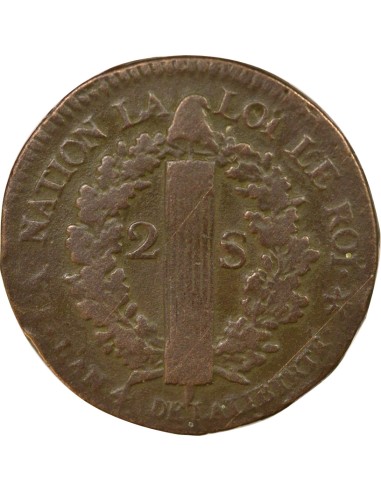 Louis XVI Au Faisceau 2 sols Cuivre 1792 BB Strasbourg