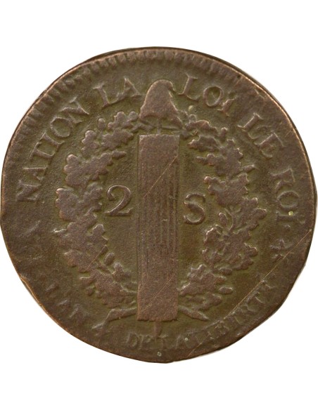 Louis XVI Au Faisceau 2 sols Cuivre 1792 BB Strasbourg