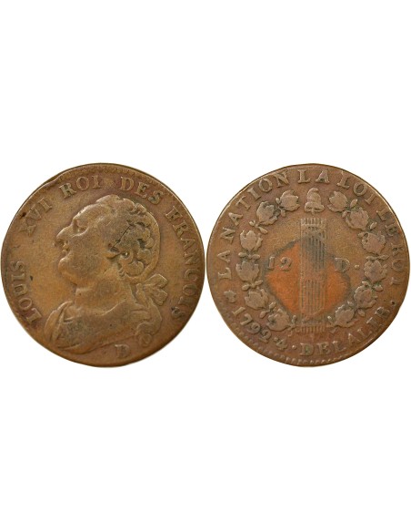 Louis XVI Au Faisceau 12 deniers Cuivre 1792 D Lyon