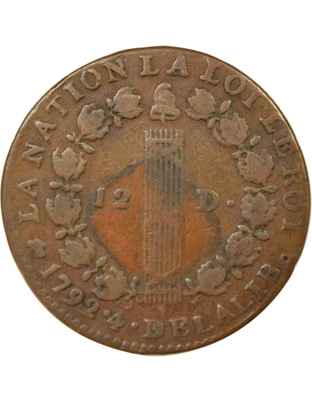 Louis XVI Au Faisceau 12 deniers Cuivre 1792 D Lyon