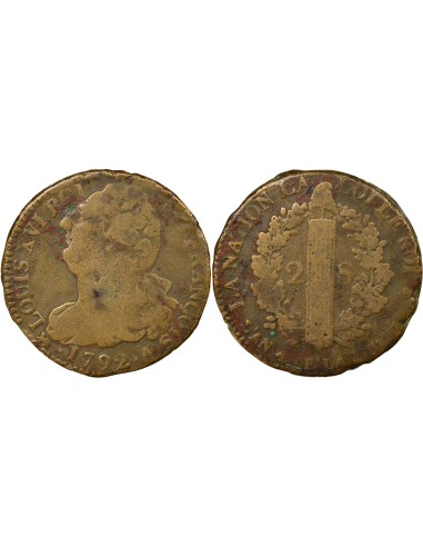 Louis XVI Au Faisceau 2 sols Cuivre 1792 A - Paris