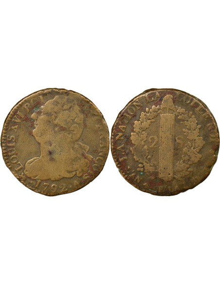 Louis XVI Au Faisceau 2 sols Cuivre 1792 A - Paris