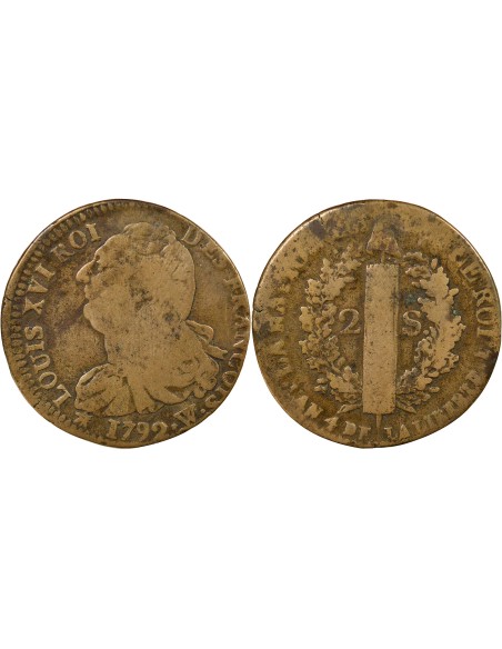 Louis XVI au Faisceau 2 sols Cuivre 1792 W Lille