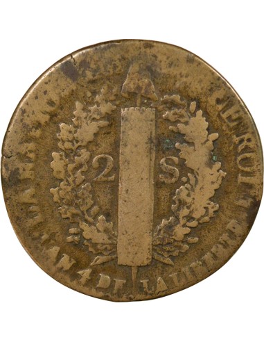 Louis XVI au Faisceau 2 sols Cuivre 1792 W Lille