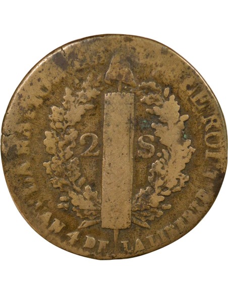 Louis XVI au Faisceau 2 sols Cuivre 1792 W Lille