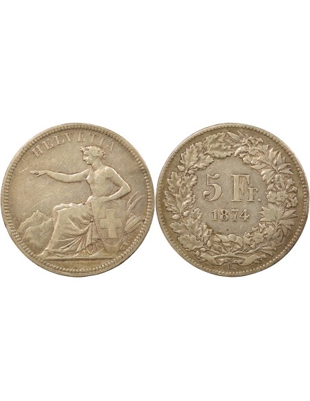 Suisse Helvetia assise 5 francs Argent 1874 B. Bruxelles