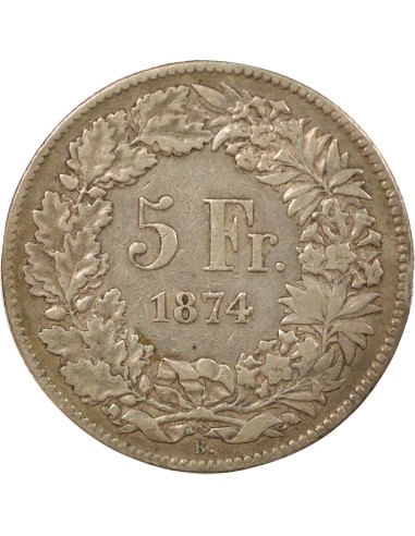 Suisse Helvetia assise 5 francs Argent 1874 B. Bruxelles