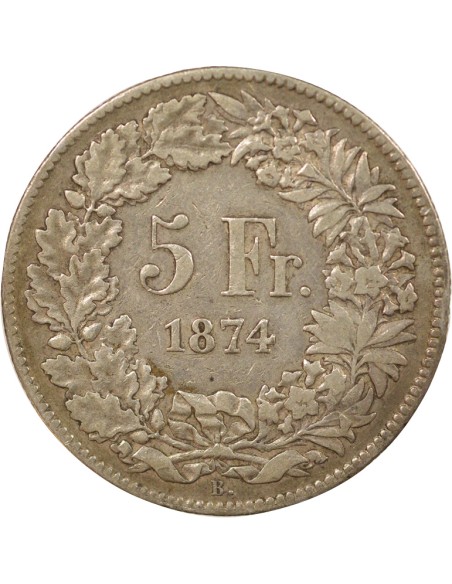 Suisse Helvetia assise 5 francs Argent 1874 B. Bruxelles