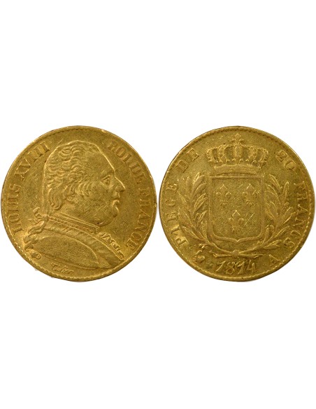 Louis XVIII Au Buste Habillé 20 francs Or 1814 A - Paris