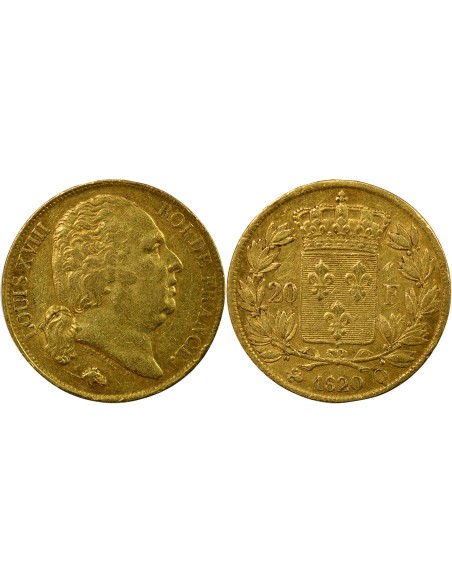 Louis XVIII Tête nue 20 francs Or 1820 Q Perpignan