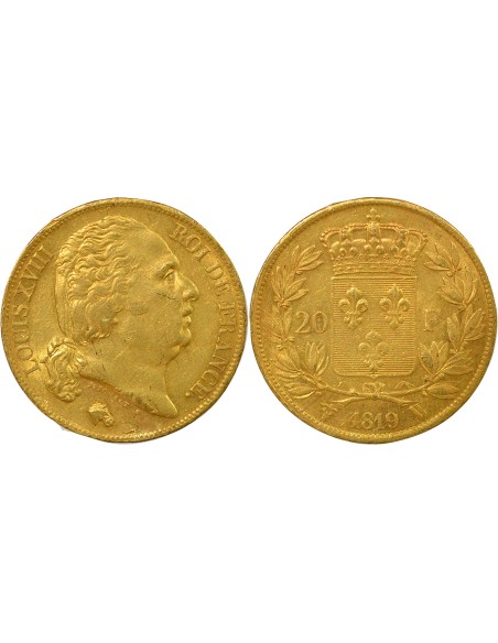 Louis XVIII Tête nue 20 francs Or 1819 W Lille