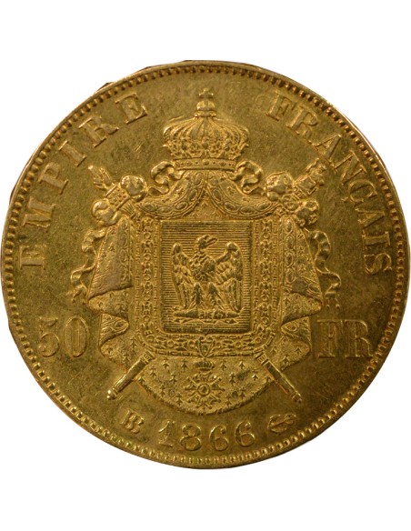 Napoléon III Tête Laurée 50 francs Or 1866 BB Strasbourg