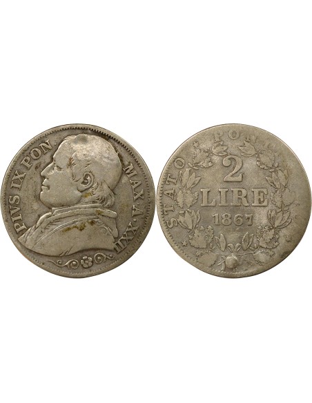 Etat Pontifical Pie IX 2 lire Argent 1867 R Rome
