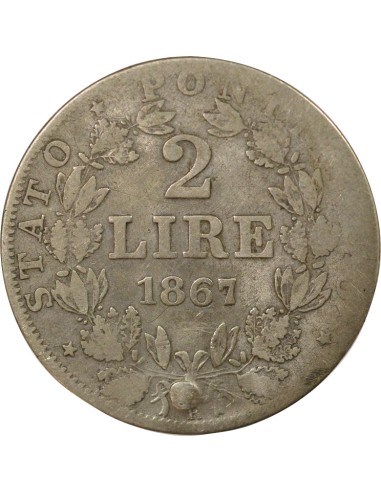 Etat Pontifical Pie IX 2 lire Argent 1867 R Rome